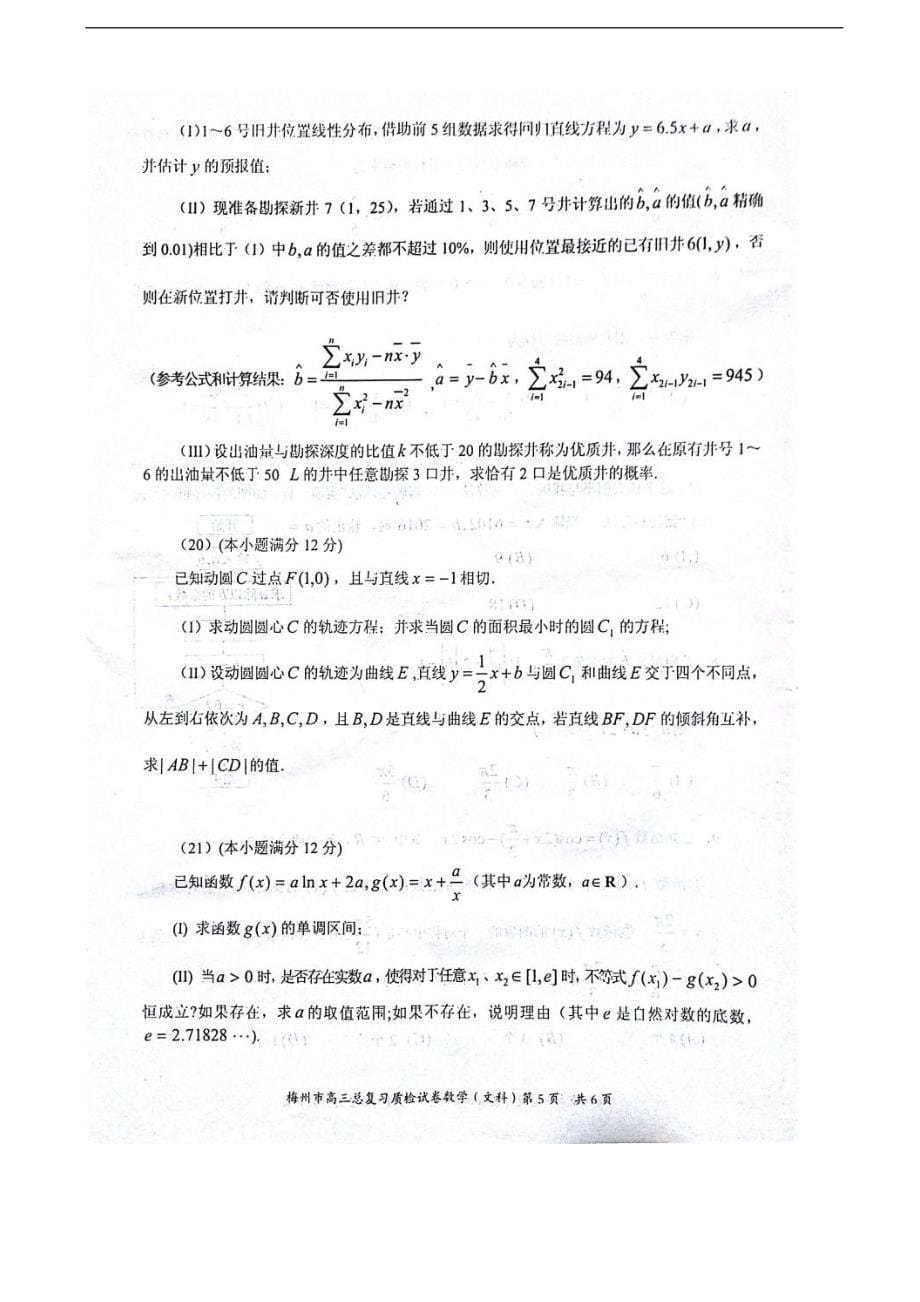 2017年广东省梅州市高三下学期一检（3月）数学（文）试题 扫 描 版_第5页