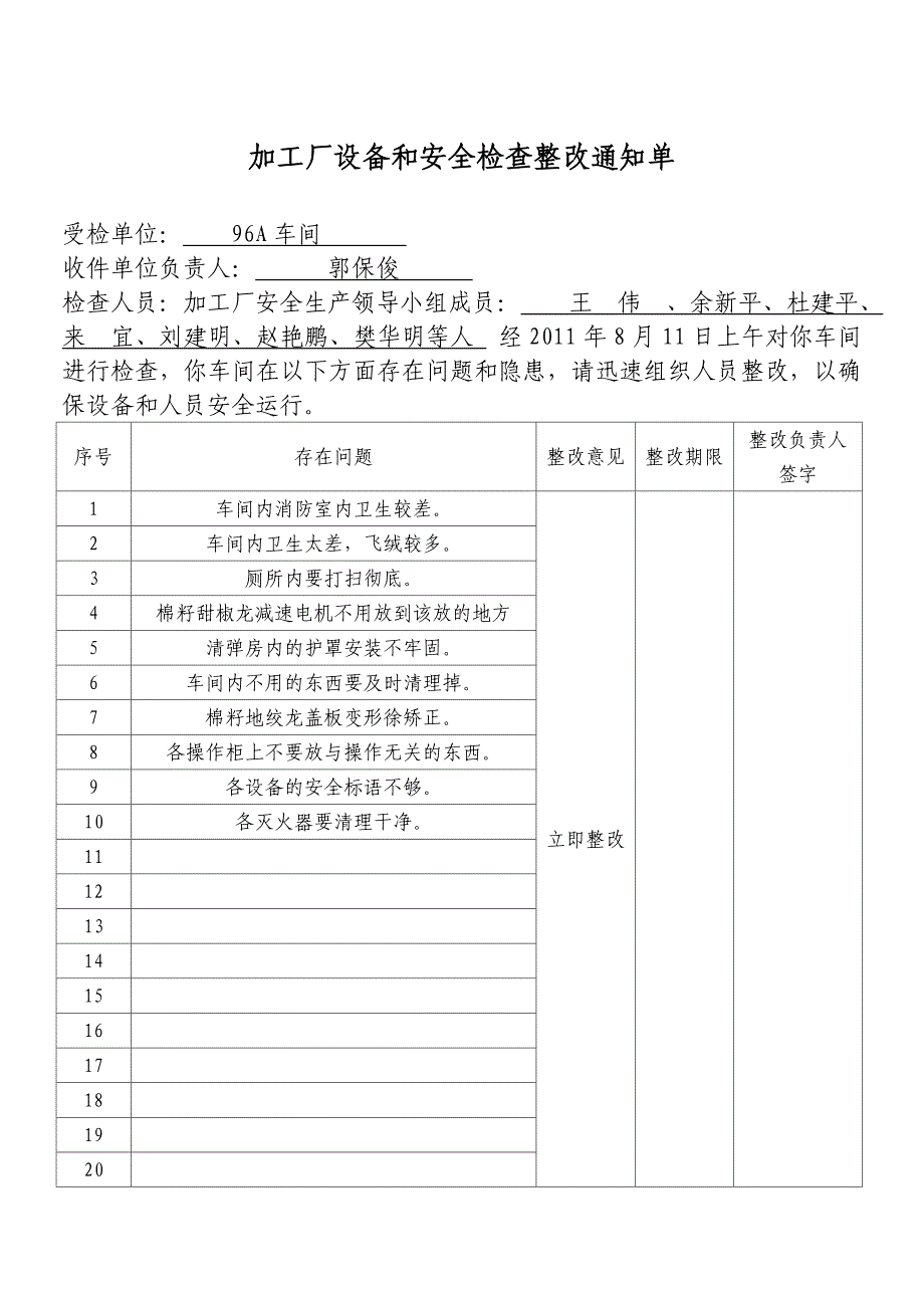 加工厂设备和安全检查整改通知单_第2页