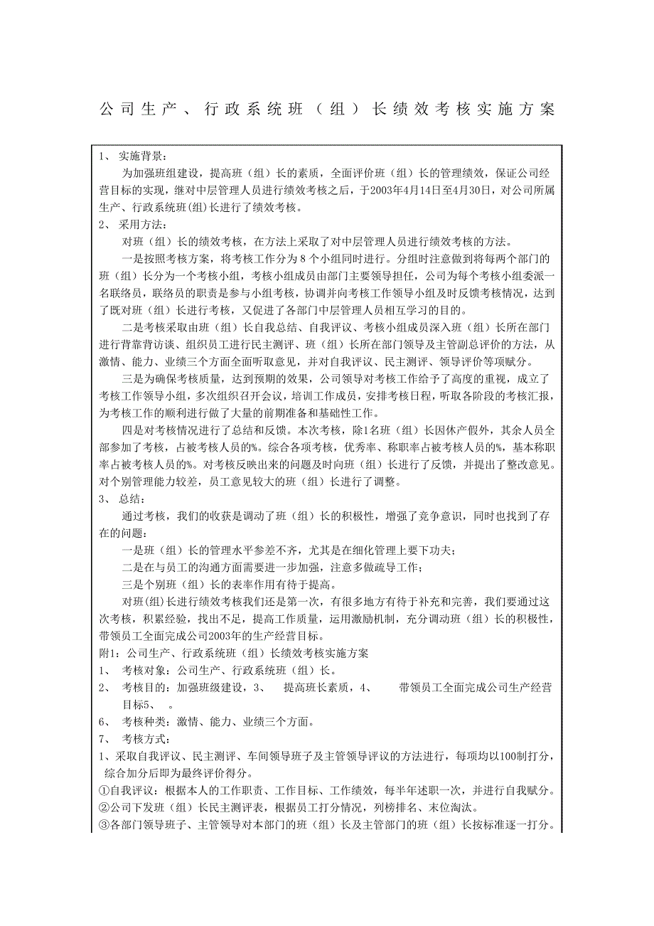 生产行政系统组长绩效考核实施方案_第1页