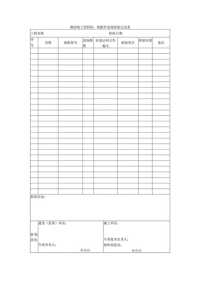 钢结构工程材料、构配件进场检验记录表