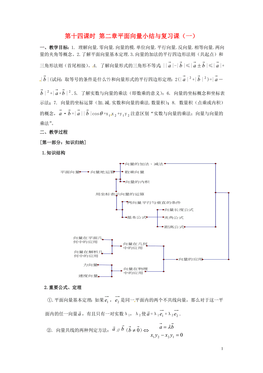 高中数学 第十四课时 第二章平面向量小结与复习课（一）教案 北师大版必修4.doc_第1页