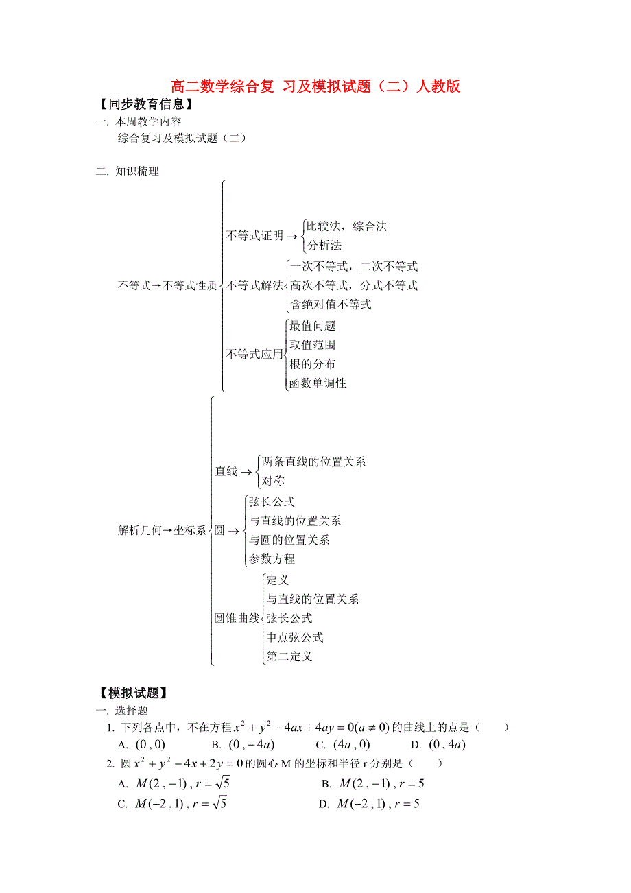 高二数学综合复习及模拟试题二人教版_第1页