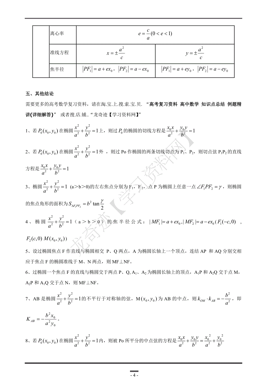 圆锥曲线椭圆双曲线抛物线知识点总结例题习题精讲.doc_第4页