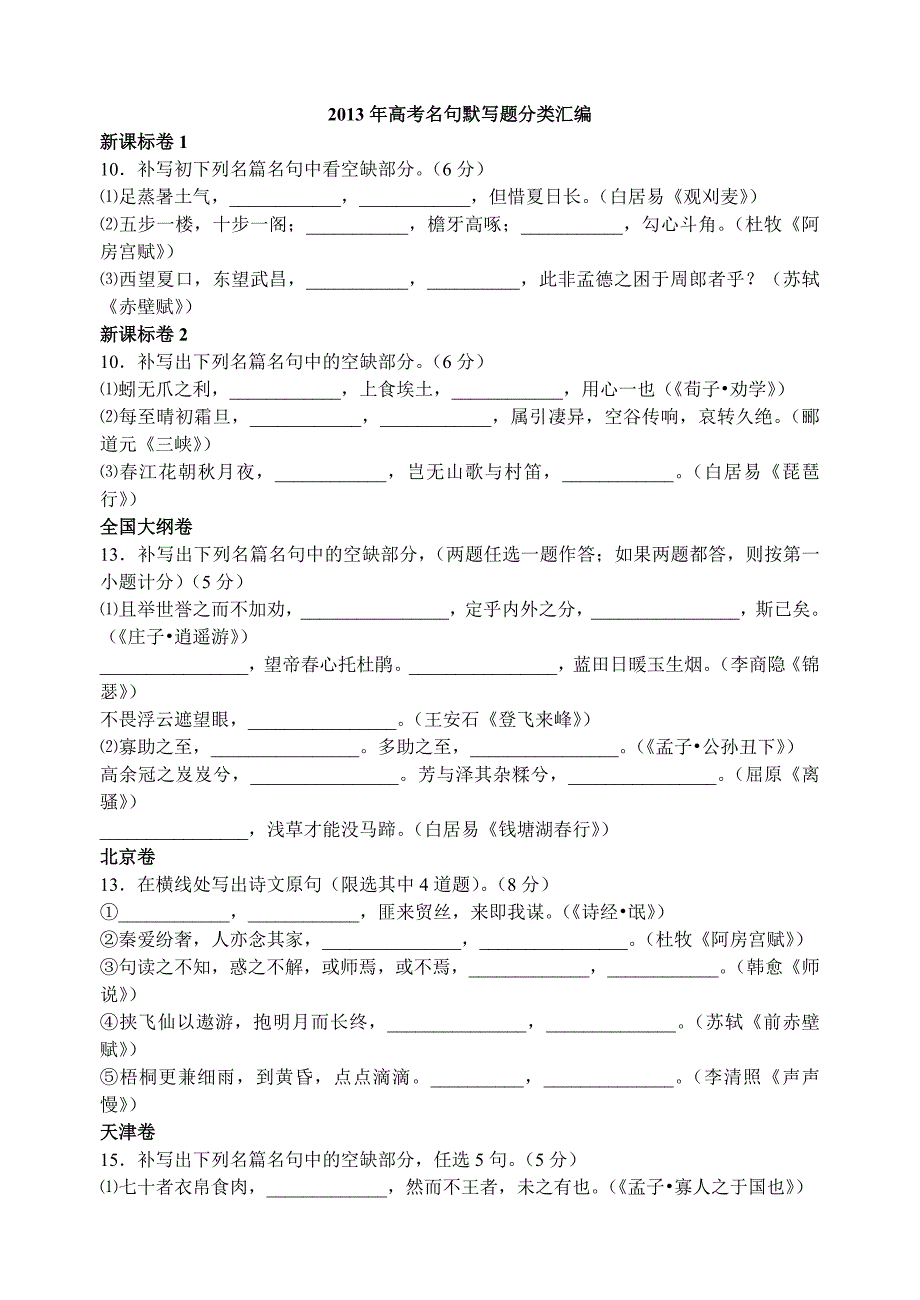 2013年高考名句默写题分类汇编.doc_第1页