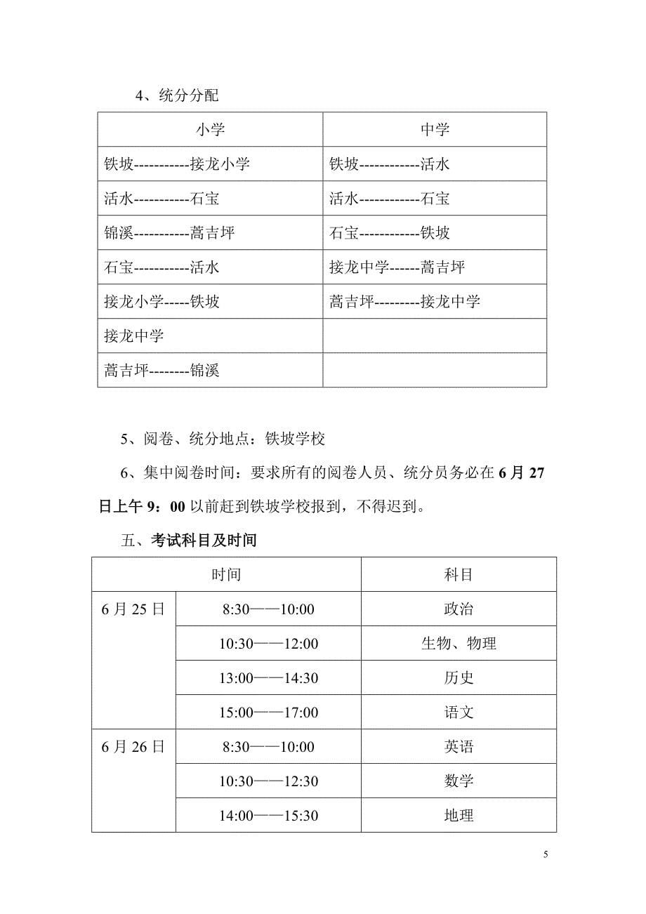 铁坡处2011年上期初中肄业班期末统考组考方案.doc_第5页