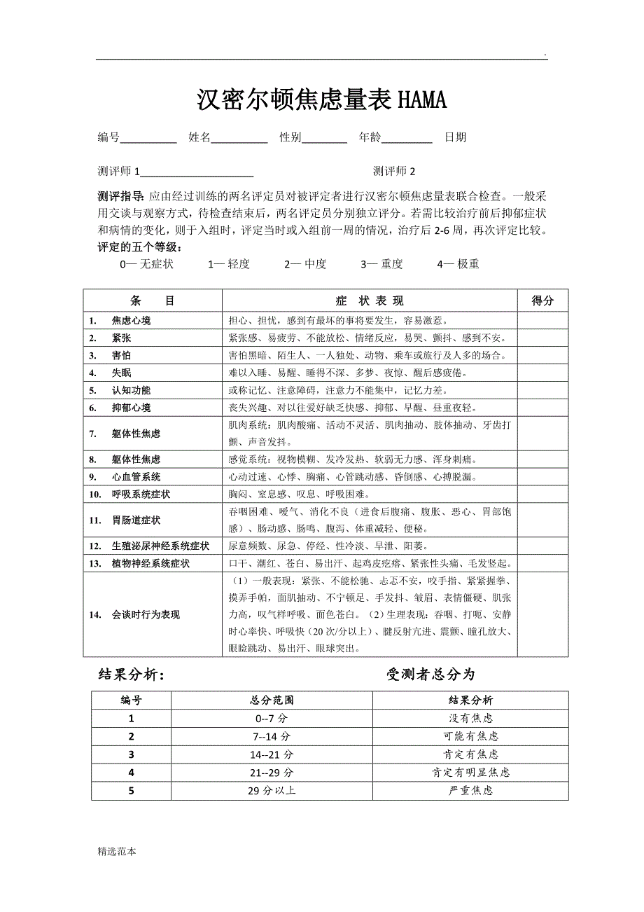 汉密尔顿焦虑量表HAMA(14项打印版).doc_第1页