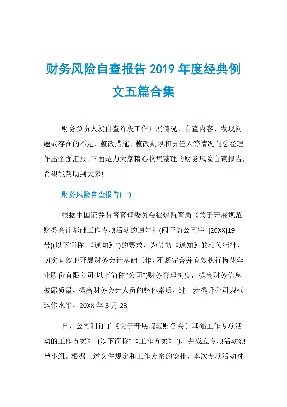 财务风险自查报告2019年度经典例文五篇合集.doc_第1页