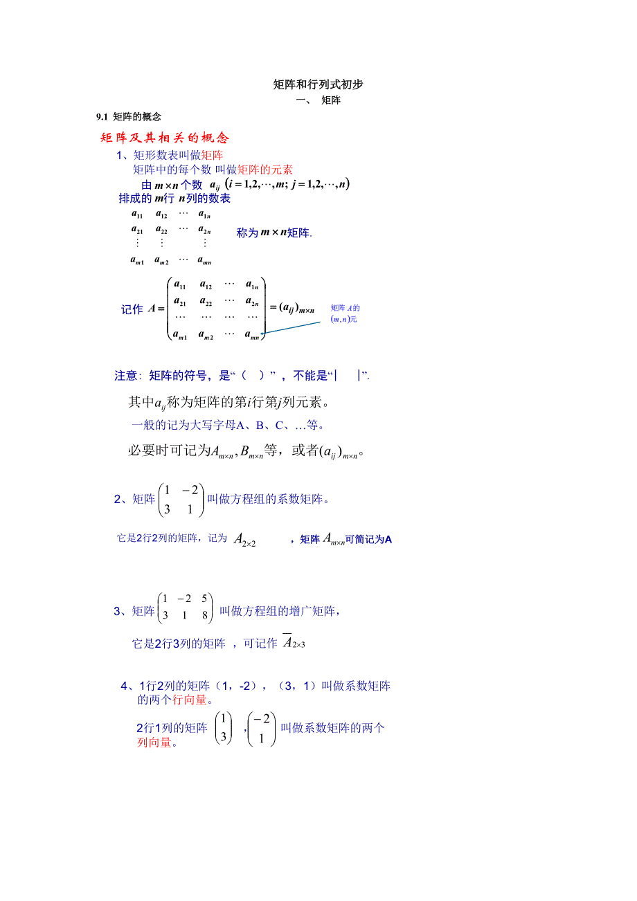 矩阵和行列式知识要点_第1页