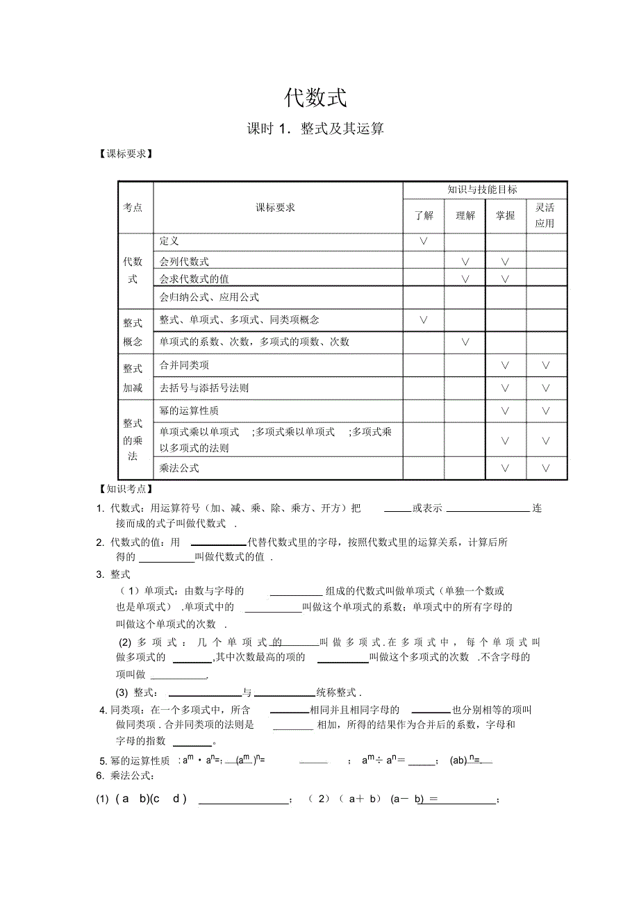 初中数学代数式,整式和分式知识点和练习题_第1页