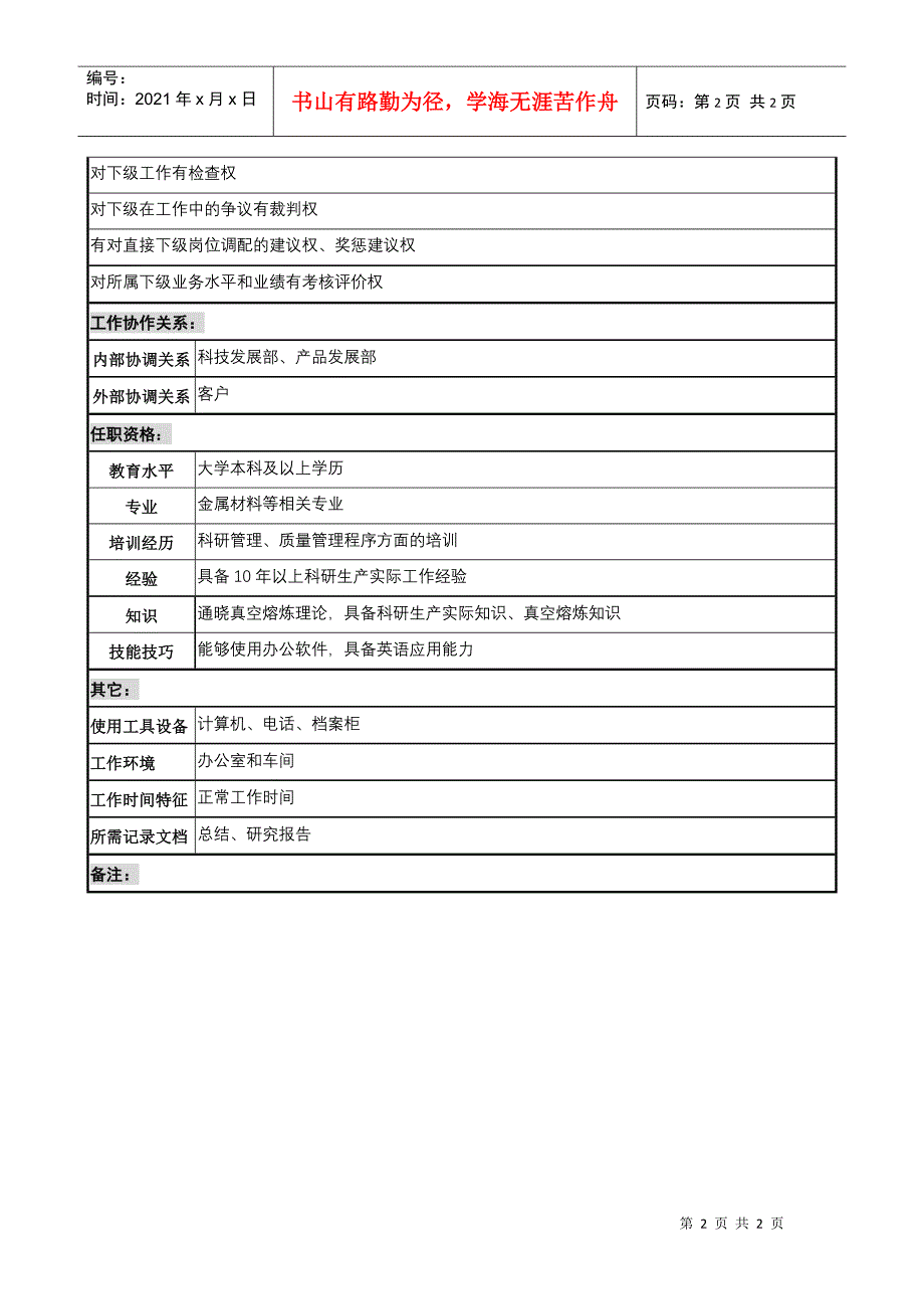 熔铸中心研发试验组组长职务说明书_第2页