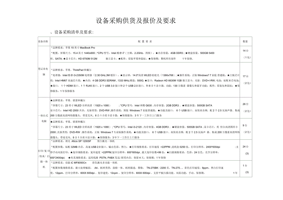 设备采购供货及报价及要求_第1页