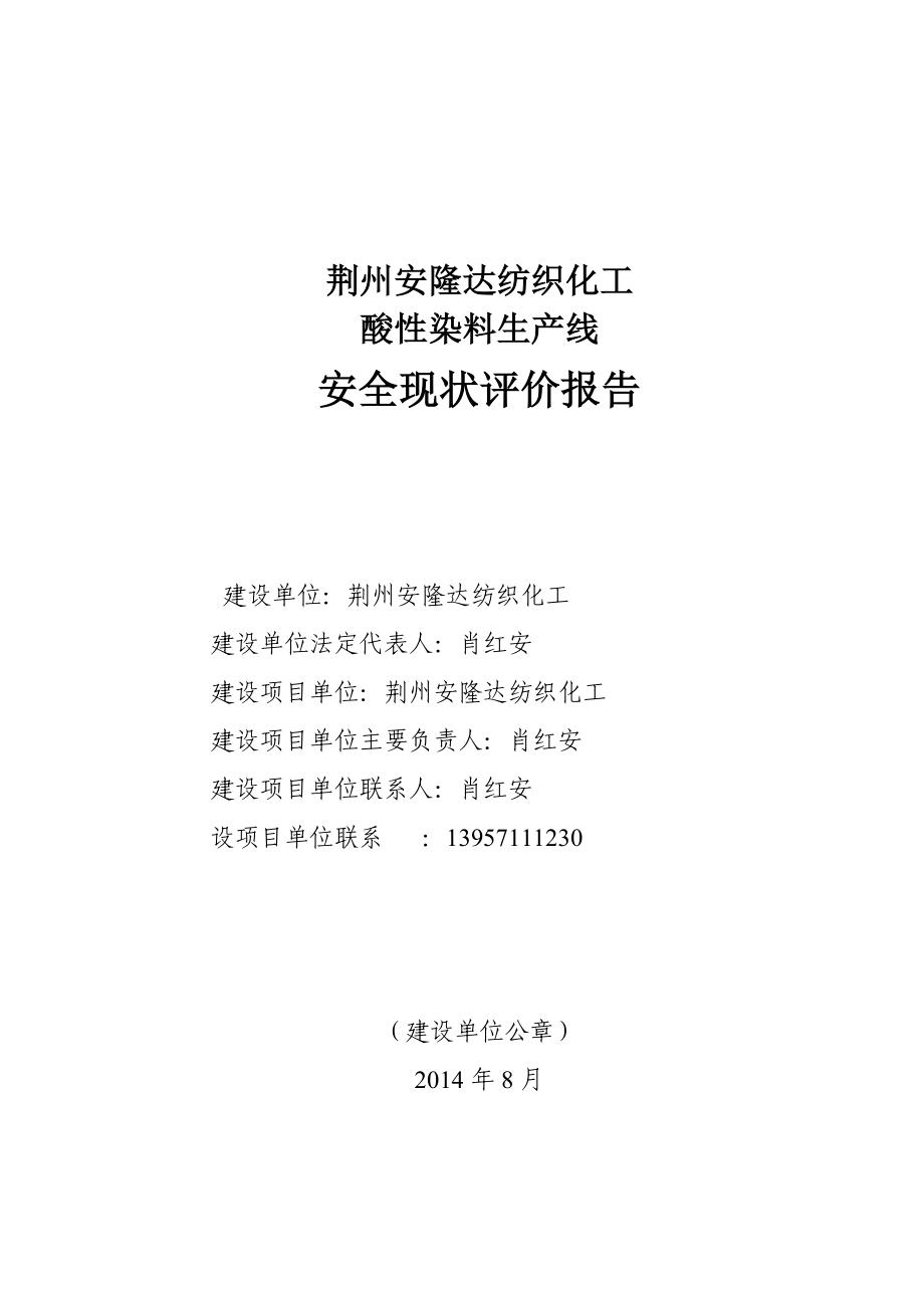 荆州安隆达纺织化工有限公司酸性染料生产线安全现状评价报告_第1页