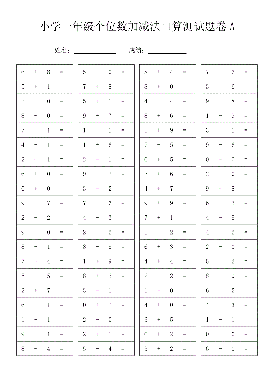 小学一年级_个位数加减法口算测试题卷_4套共320题_第1页