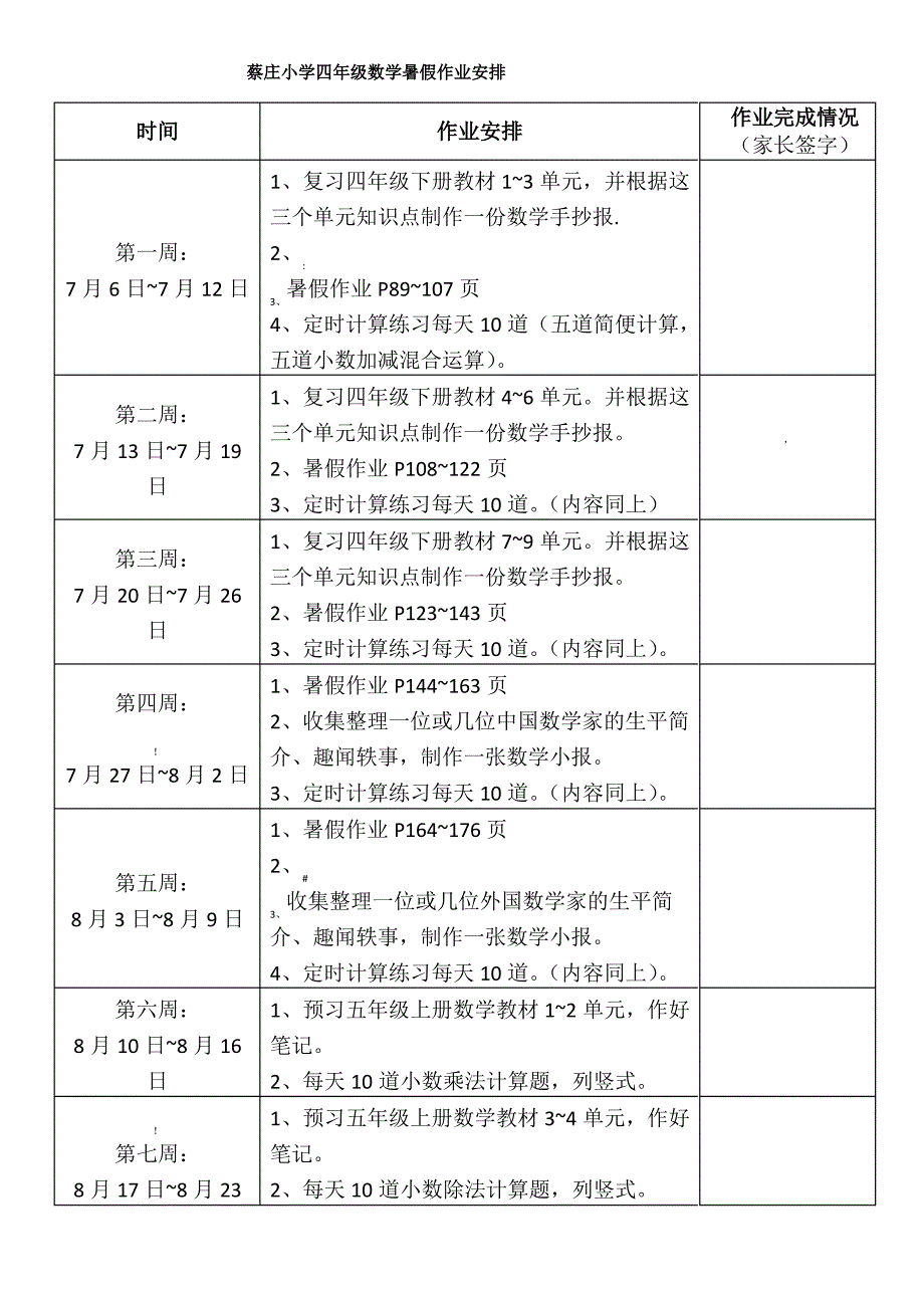 四年级数学暑假作业安排._第1页