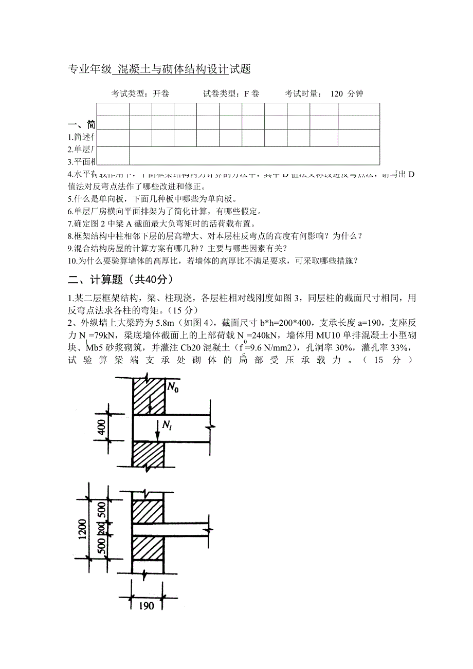 混凝土结构与砌体结构设计试卷F及答案_第1页