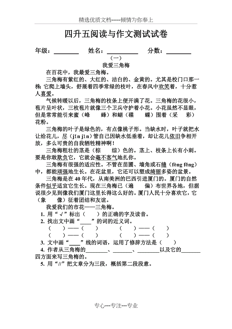 暑假总结-四升五阅读与作文测试卷_第1页