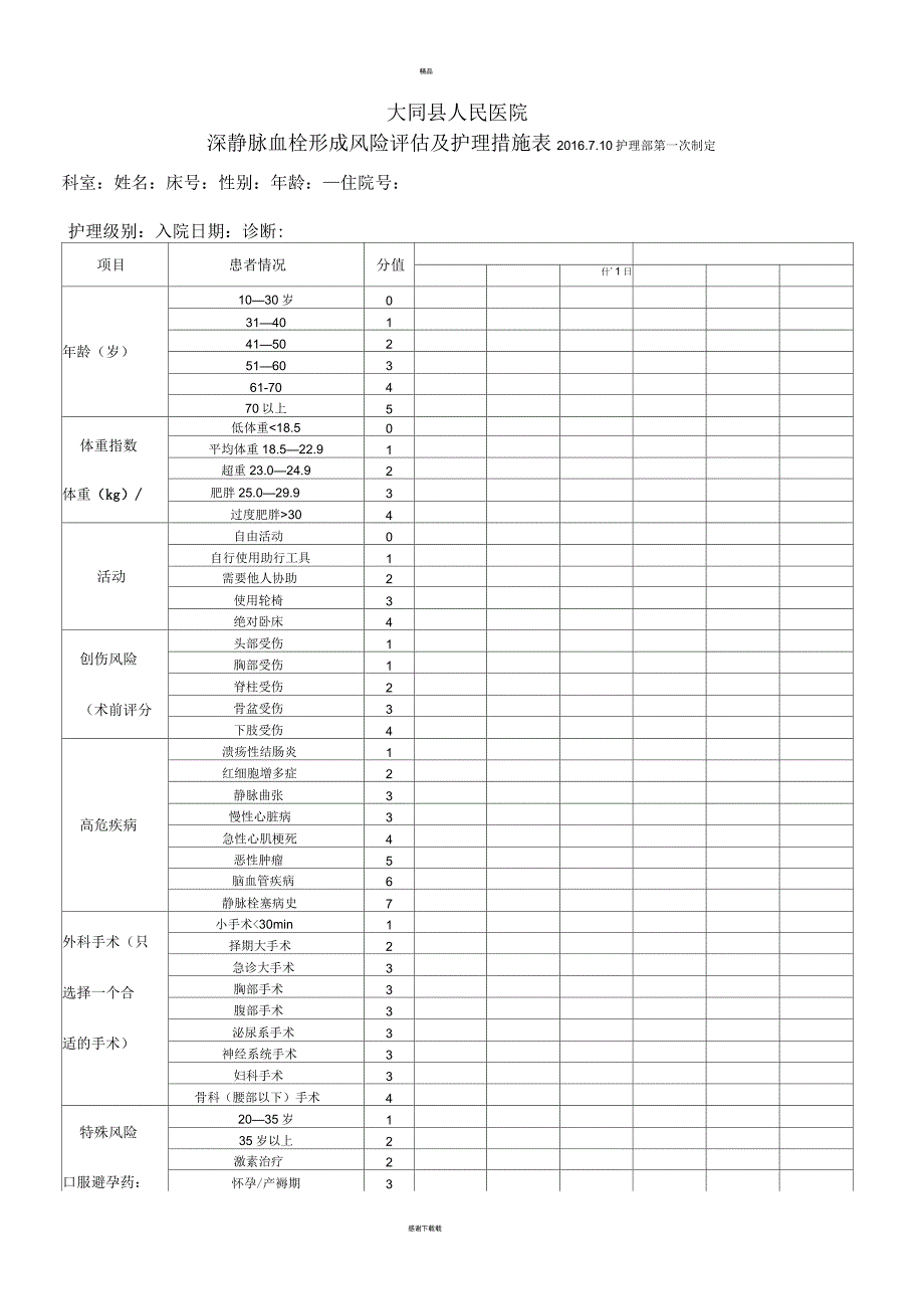 深静脉血栓形成风险评估表_第1页