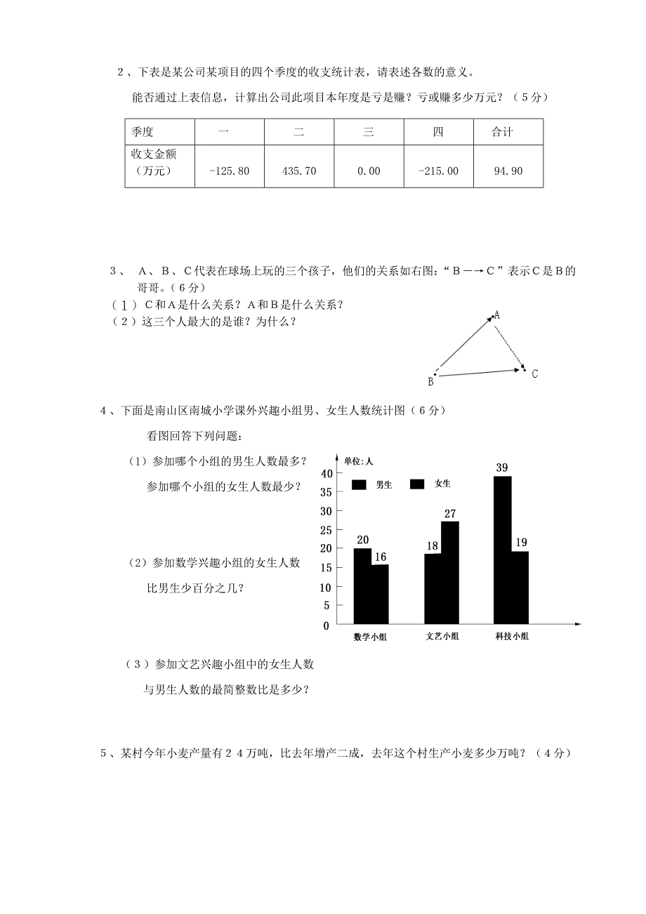 六年级统计与观察物体综合测试题_第4页