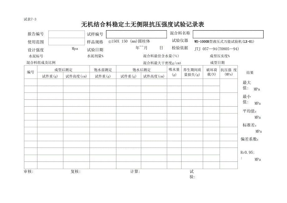 无机结合料稳定土无侧限抗压强度试验记录表_第1页