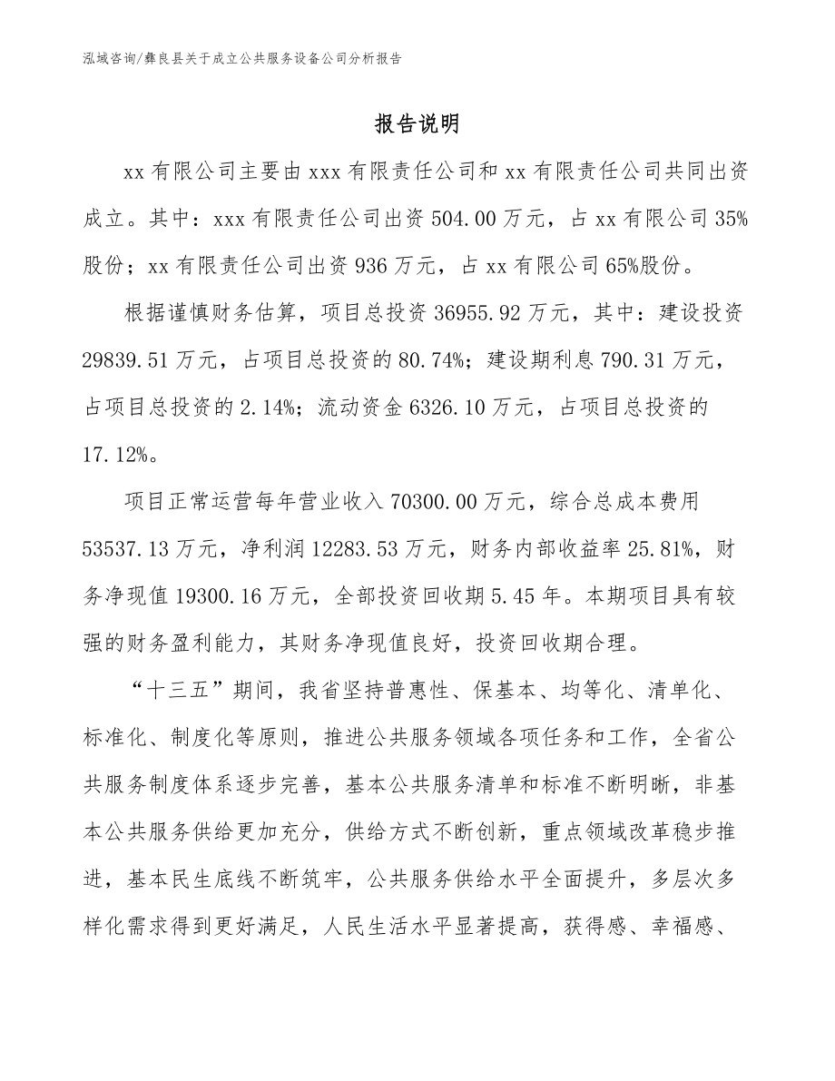 彝良县关于成立公共服务设备公司分析报告（范文参考）_第2页