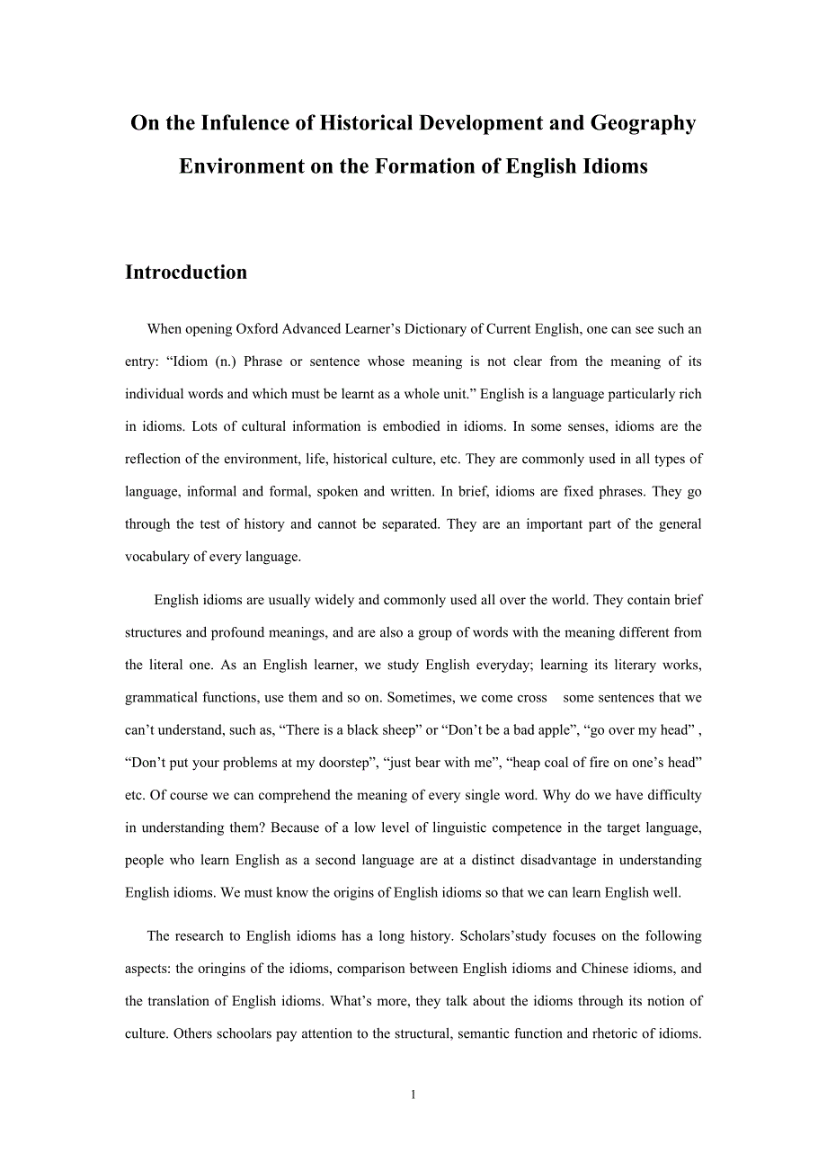 On the Infulence of Historical Development and Geography Environment on the Formation of English Idioms_第1页