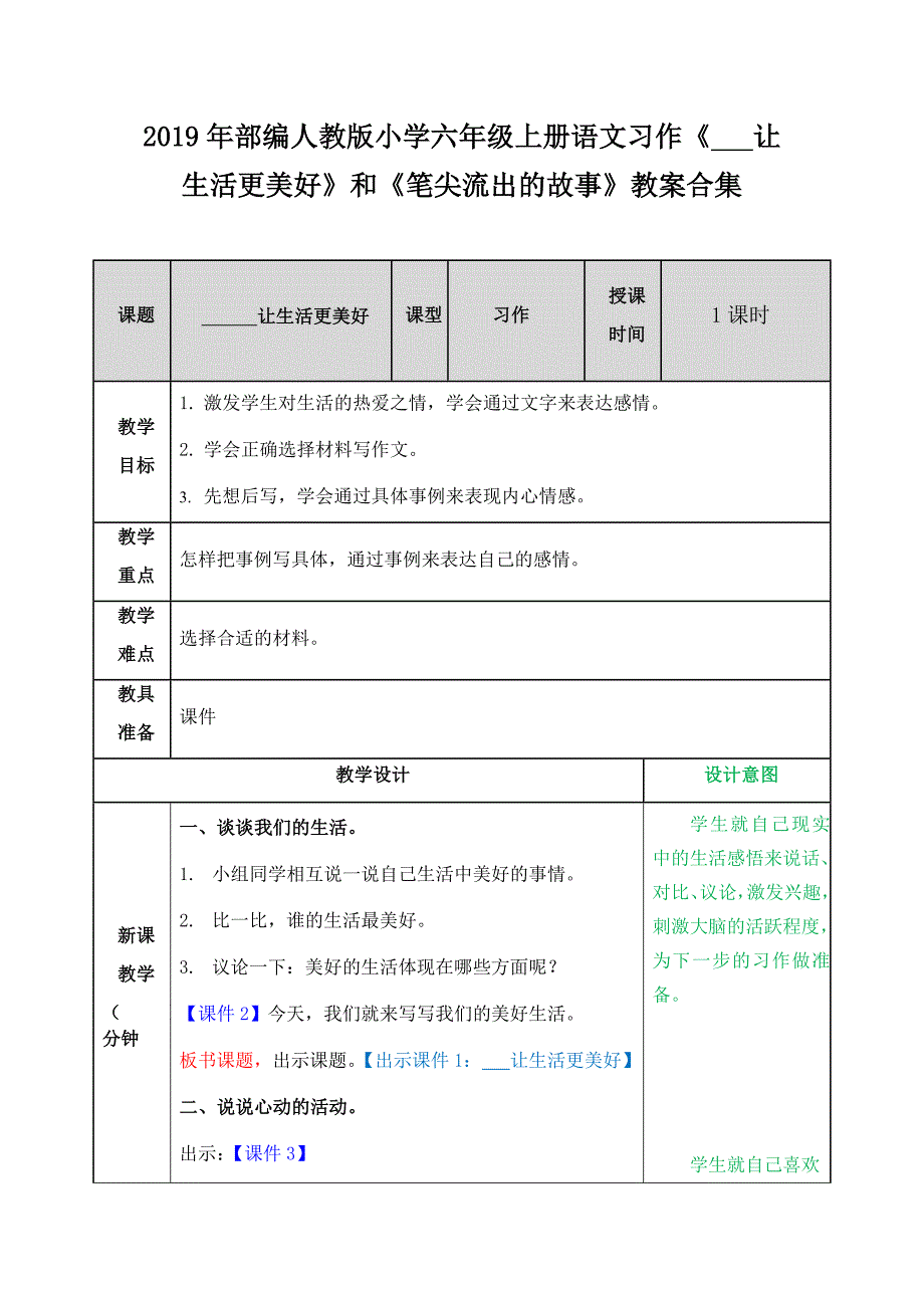 2019年部编人教版小学六年级上册语文习作《 让生活更美好》和《笔尖流出的故事》教案合集_第1页