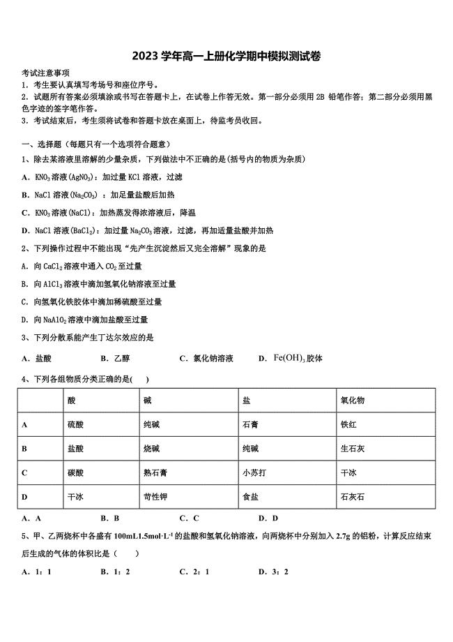 云南省西畴县第二中学2023学年化学高一第一学期期中考试模拟试题含解析.doc