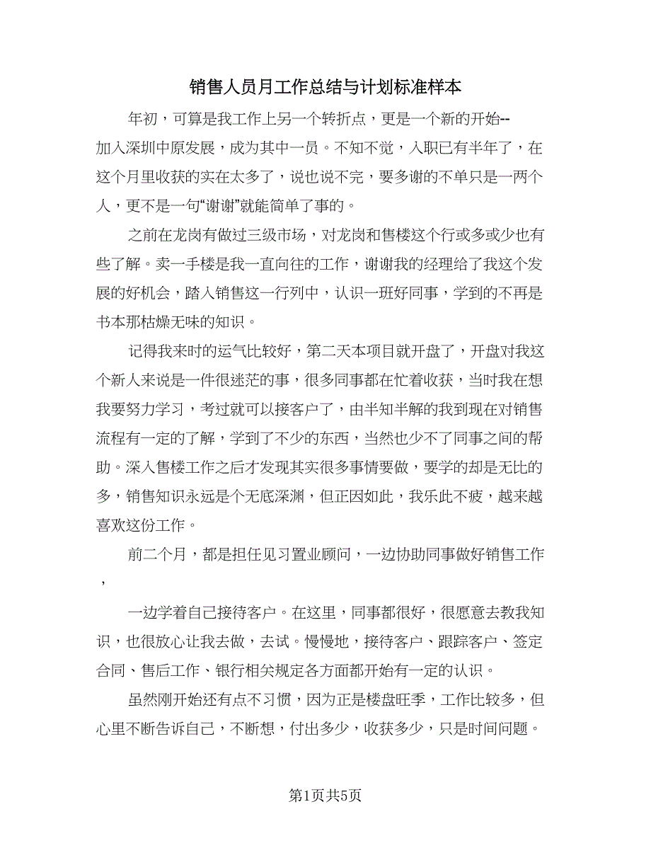 销售人员月工作总结与计划标准样本（二篇）.doc_第1页