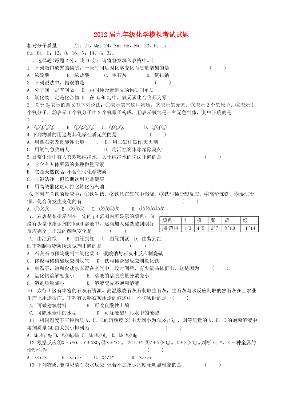 2012届九年级化学模拟考试试题_第1页