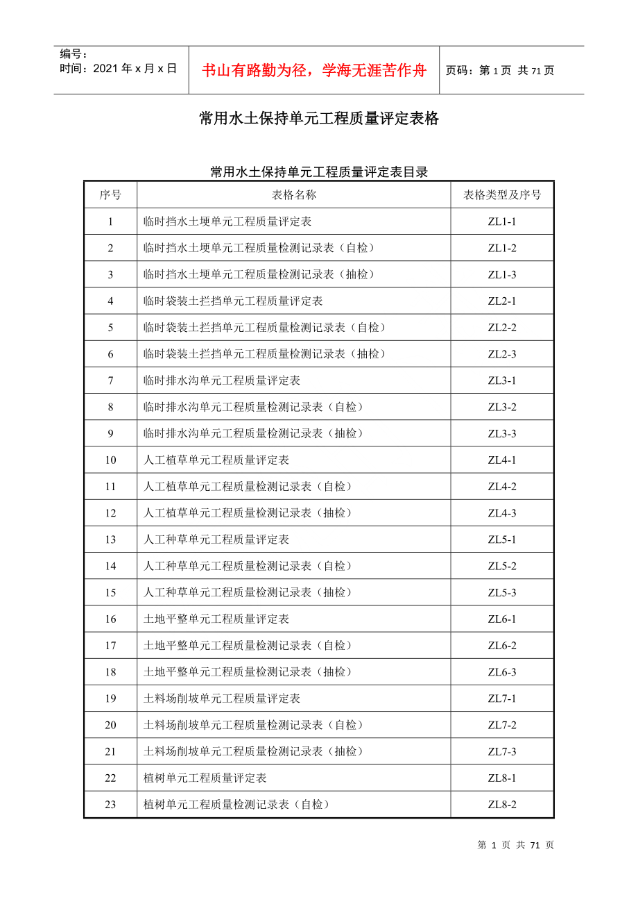 常用水土保持单元工程质量评定表格(样表)_第1页