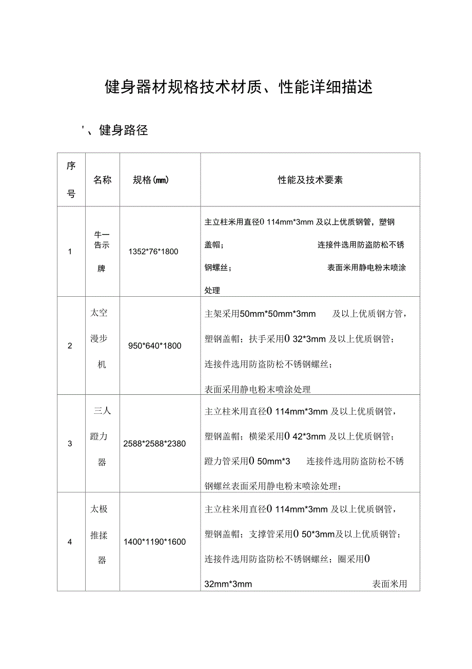 健身器材规格技术材质、性能详细描述_第1页
