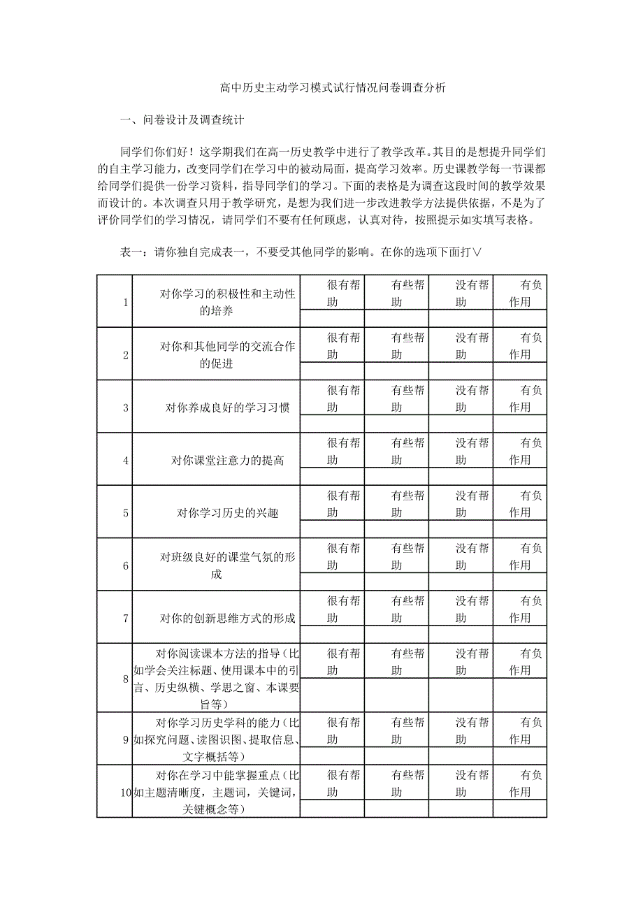高中历史主动学习模式试行情况问卷调查分析_第1页