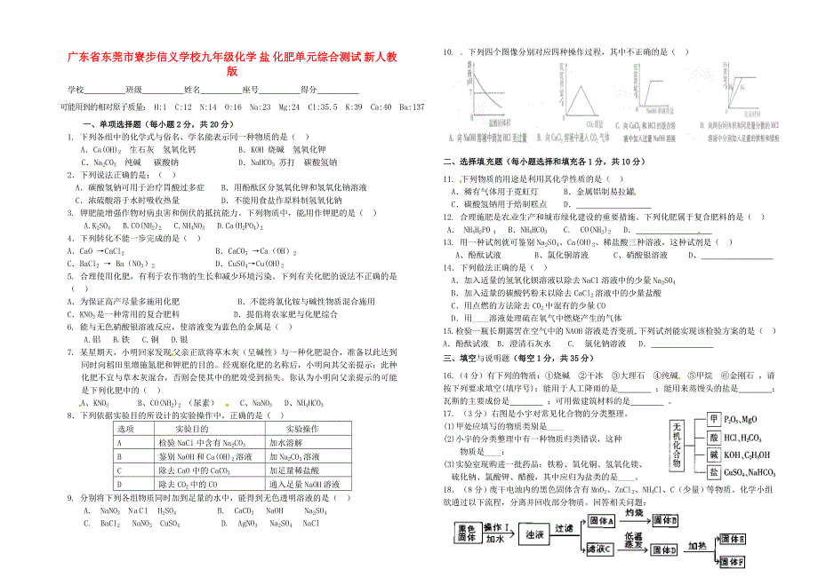 广东省东莞市寮步信义学校九年级化学盐化肥单元综合测试新人教版_第1页