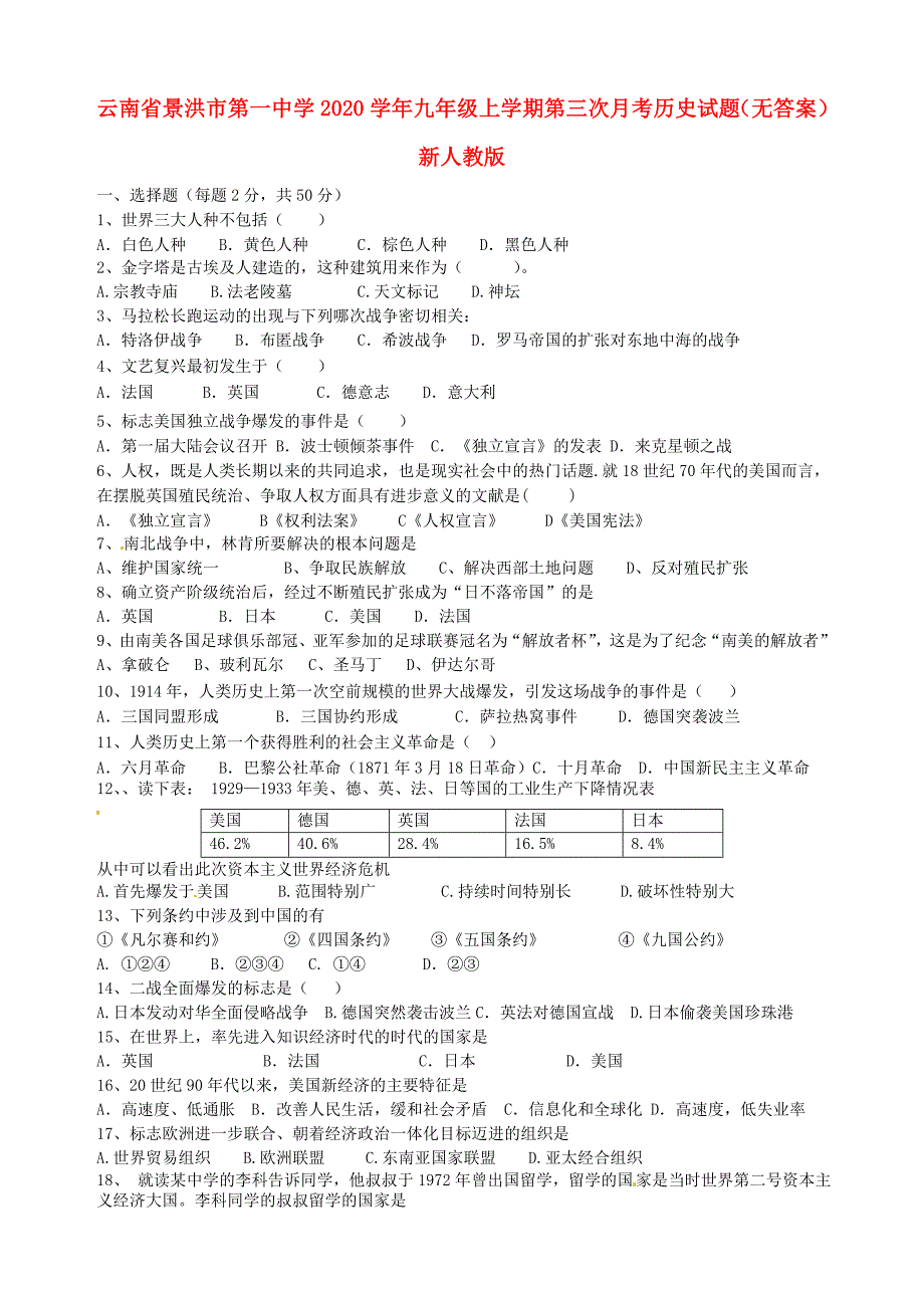 云南省景洪市九年级历史上学期第三次月考试题无答案新人教版_第1页