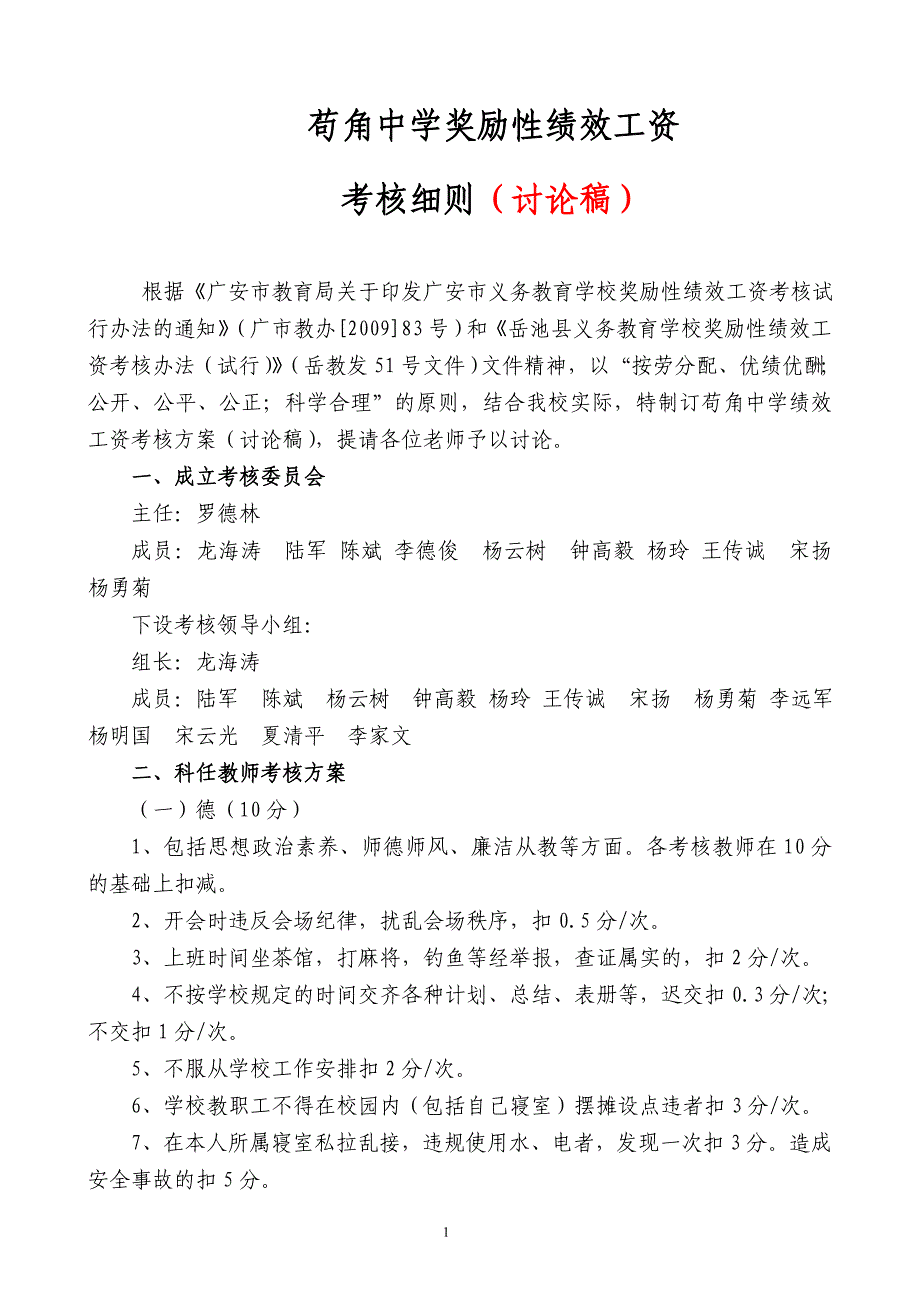 苟角中学奖励性绩效工资考核细则(讨论稿)_第1页