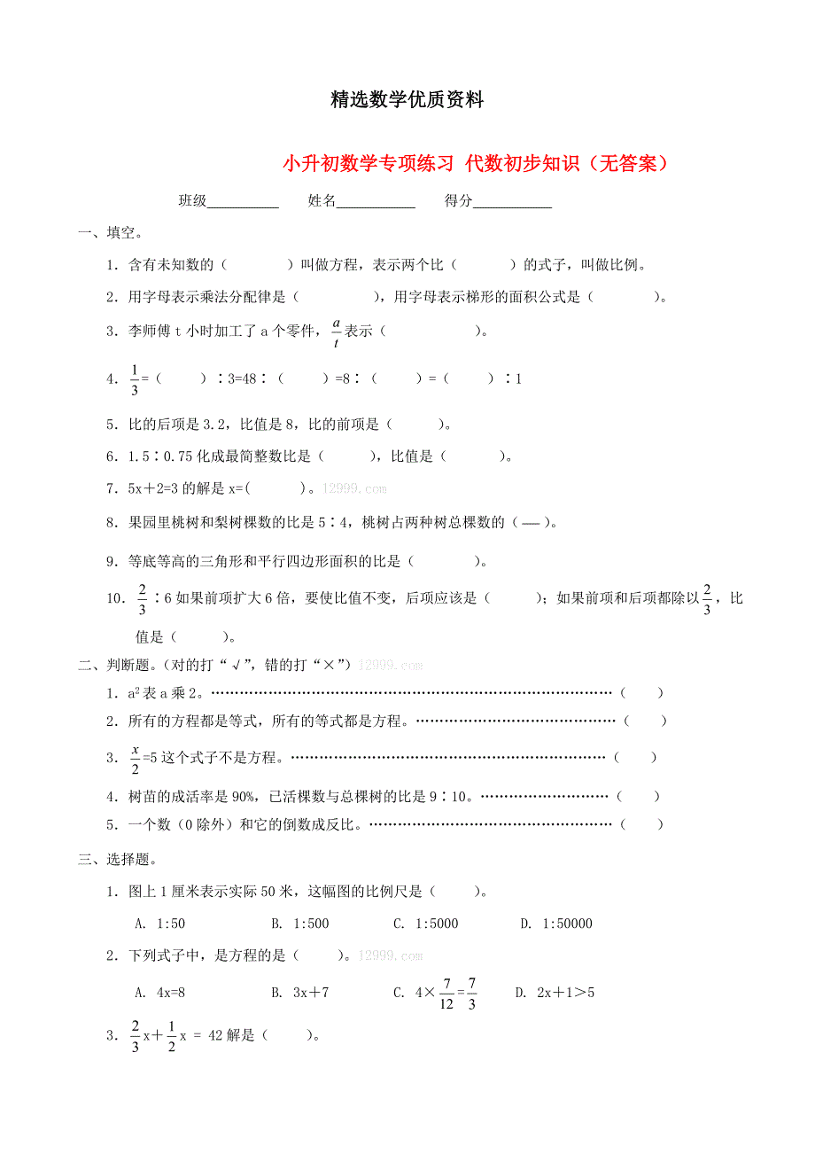 [最新]小升初数学专项练习：代数初步知识_第1页