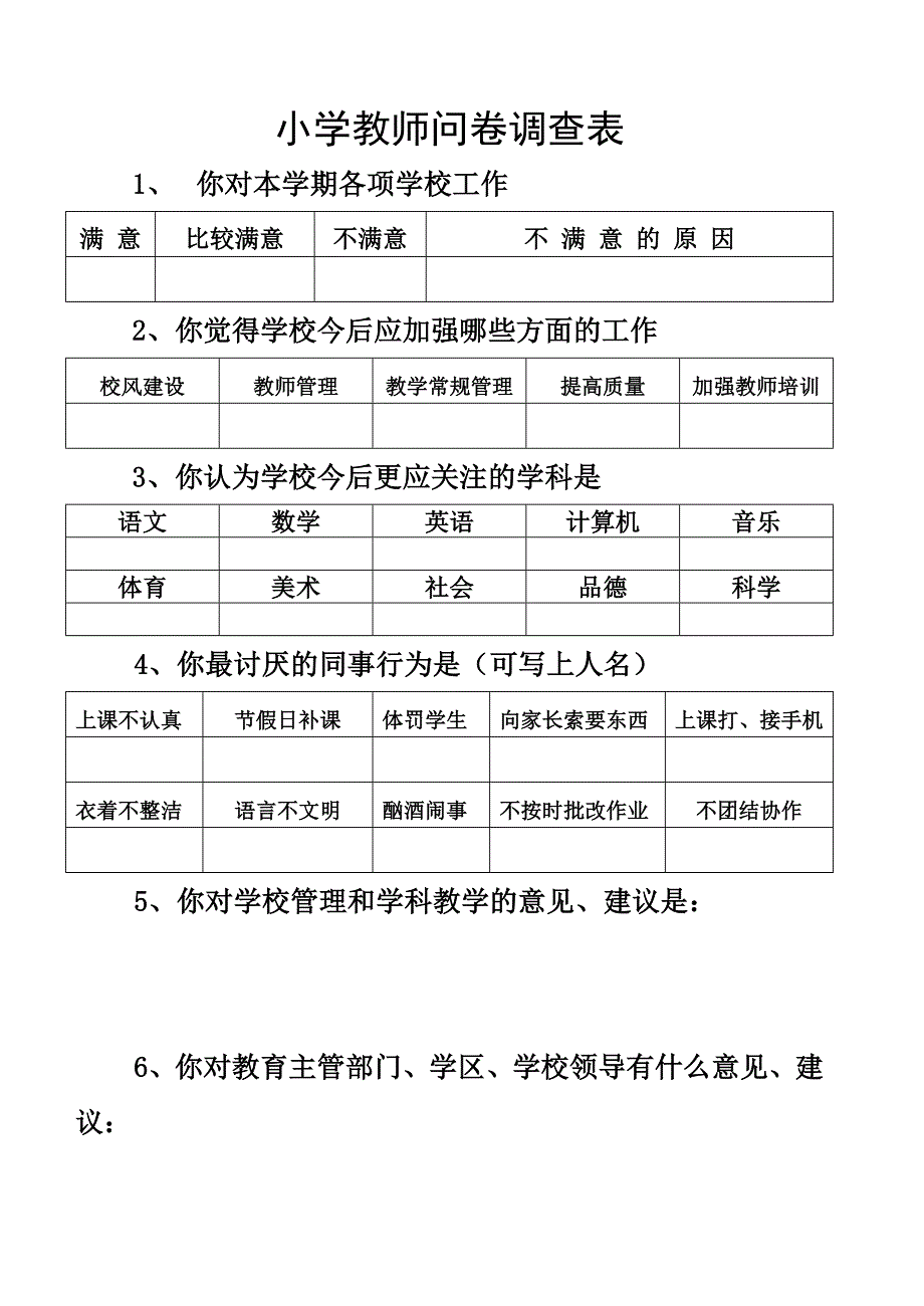 小学教师问卷调查表军_第1页