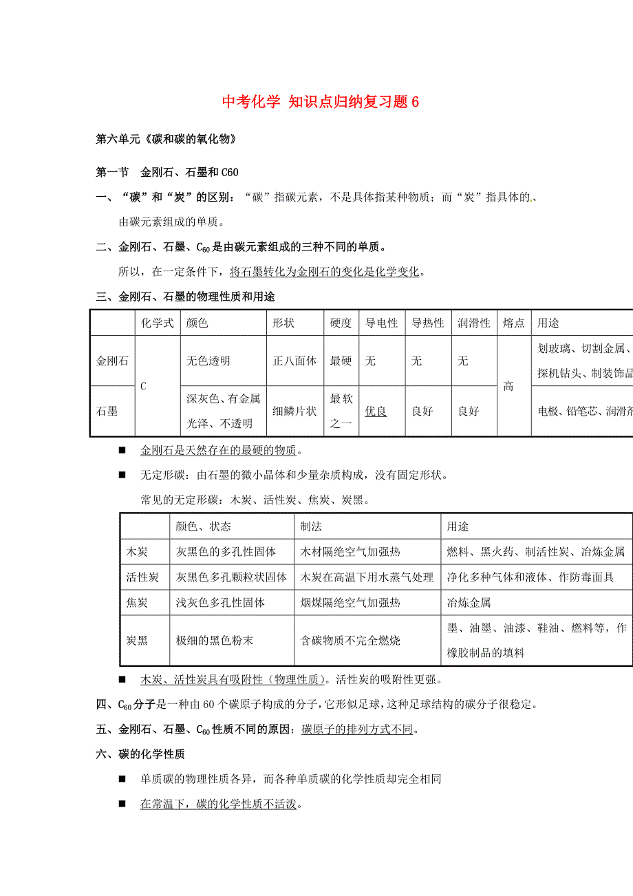 中考化学知识点归纳复习题_第1页