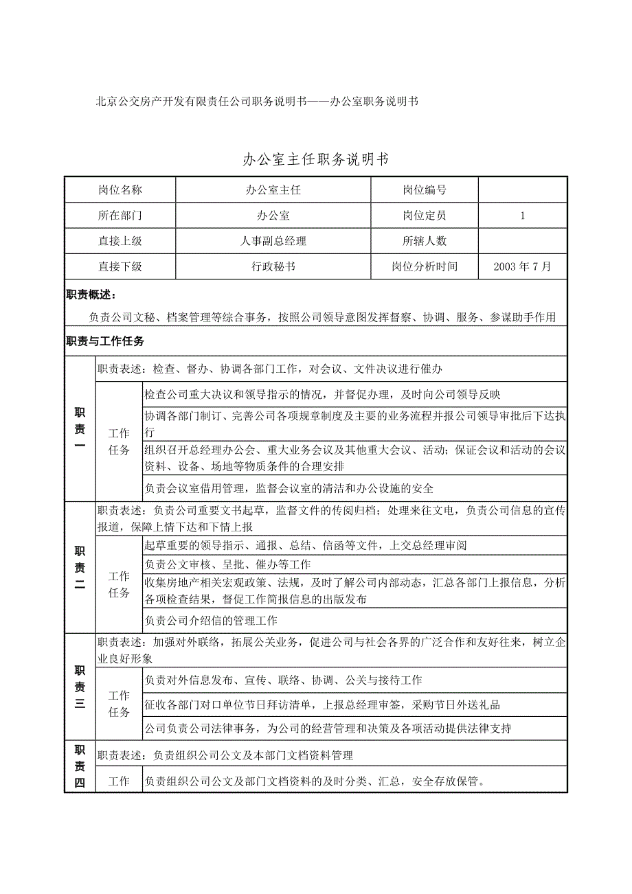 办公室主任工作职务说明书_第1页