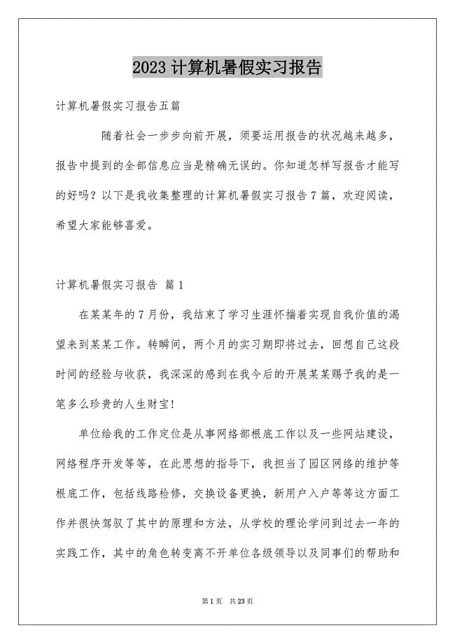 2023年计算机暑假实习报告范文.docx