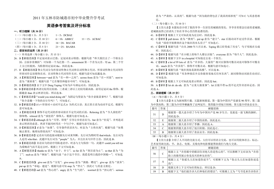 2011年广西玉林市防城港市中考英语试卷(全word含答案)_第5页