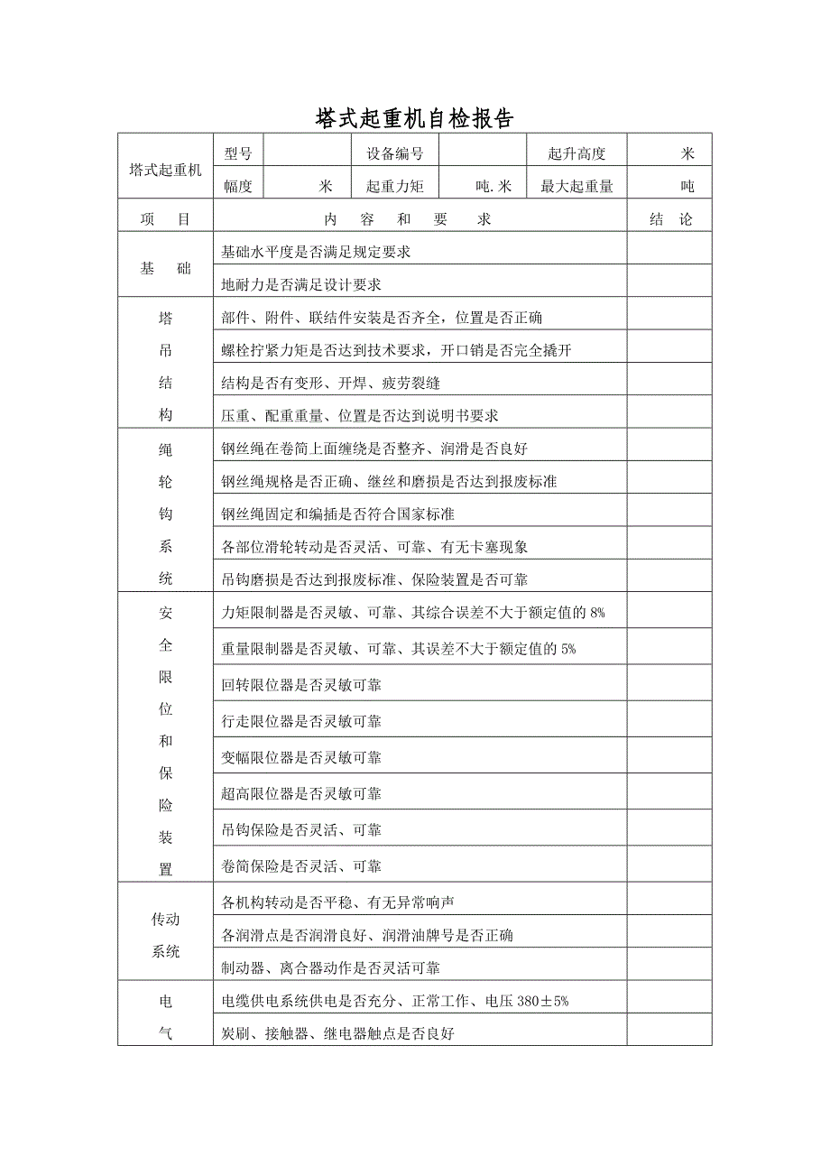 塔吊自检报告表格_第1页