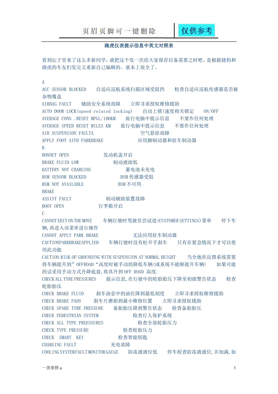 路虎仪表提示信息中英文对照表稻谷书苑_第1页