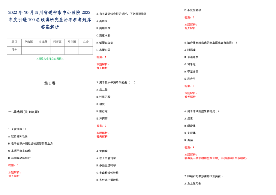 2022年10月四川省遂宁市中心医院2022年度引进100名硕博研究生历年参考题库答案解析_第1页