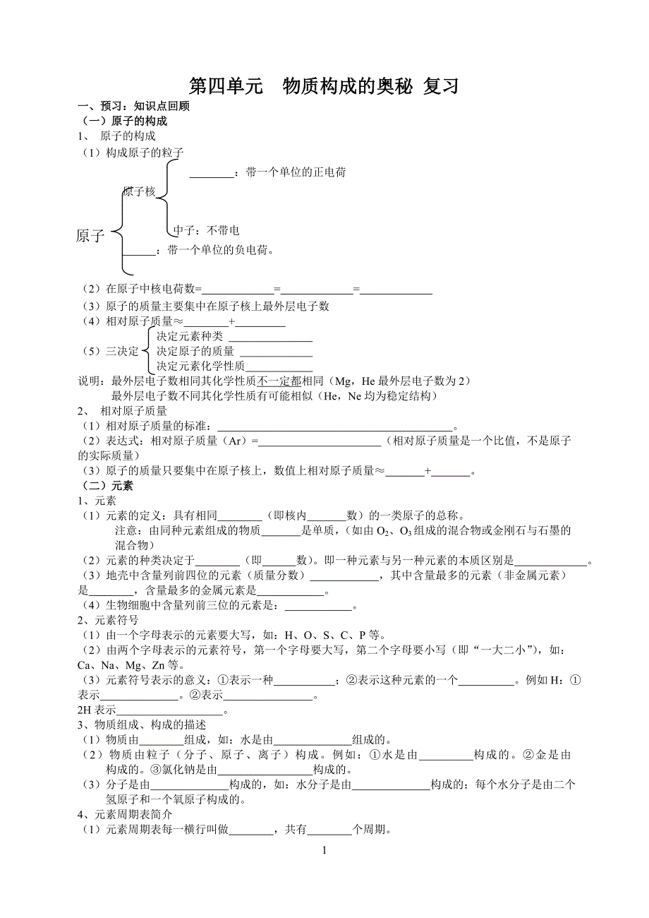 第四单元物质构成的奥秘复习+讲义[1]_第1页