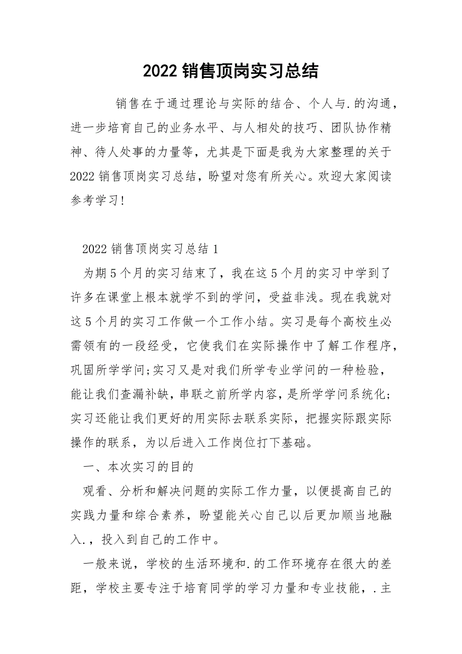 2022销售顶岗实习总结_第1页