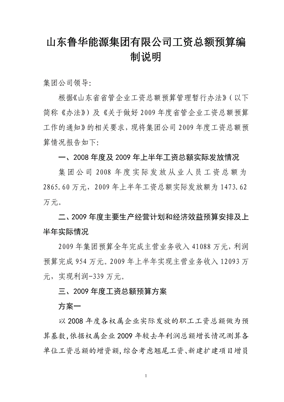 山东鲁华能源集团有限公司工资总额预算编制说明_第1页