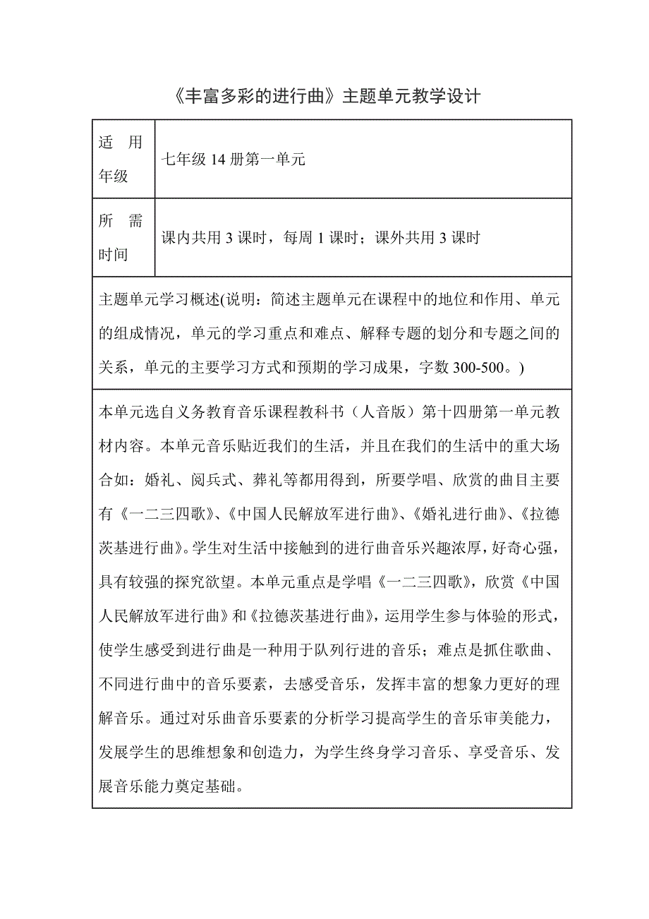 初中音乐丰富多彩的进行曲单元教学设计以及思维导图_第1页