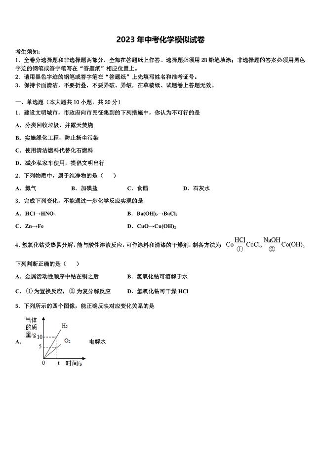 江苏省扬州市广陵区树人校2023届初中化学毕业考试模拟冲刺卷含解析