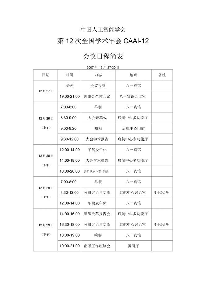 中国人工智能学会会议日程简表